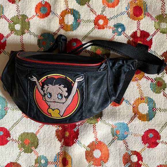 Vintage Handbags - Vintage 1996 Betty Boo Black Leather Fanny Pack